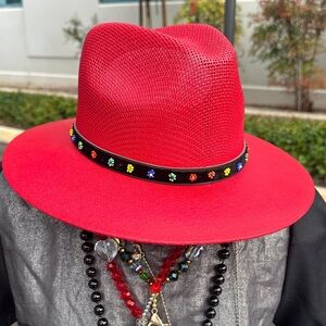 Stylish Red Fedora Hat with Colorful Band